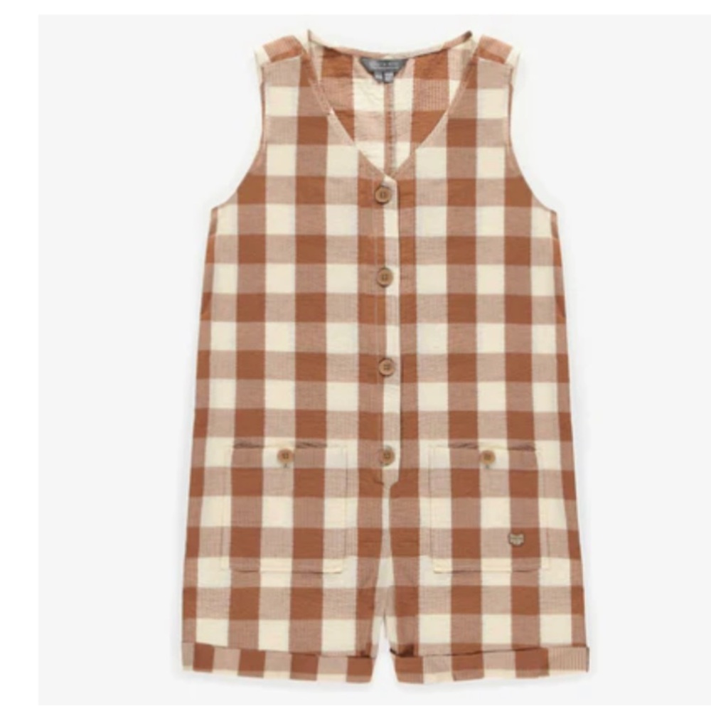 Souris Mini Brown and White Checkered Sleeveless Jumpsuit Romper, L